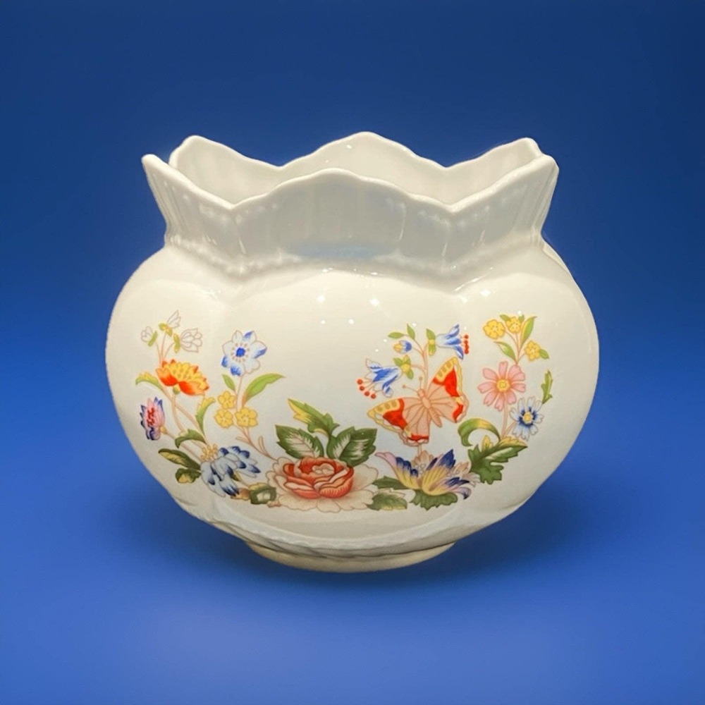 AYNSLEY Bone China Cottage Garden 4" Rose Bowl Planter Floral Scalloped Edge